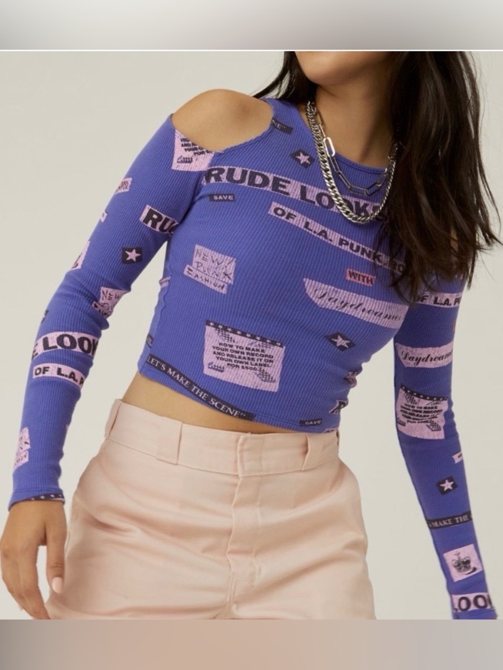 Daydreamer Rude Looks LA Punk Rock Cold Shoulder Long Sleeve Thermal Crop Top
